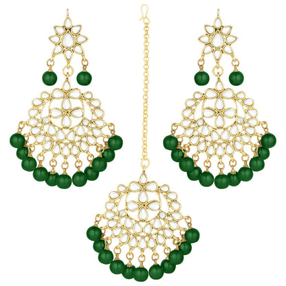 Women's Traditional Gold Plated Chandbali Kundan & Pearl Earring Set with Maang Tikka