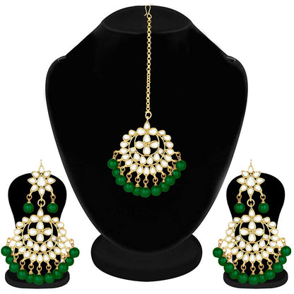 Women's Traditional Gold Plated Chandbali Kundan & Pearl Earring Set with Maang Tikka