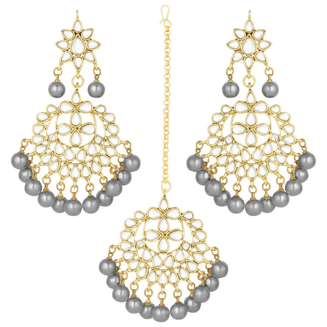 Women's Traditional Gold Plated Chandbali Kundan & Pearl Earring Set with Maang Tikka