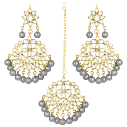 Women's Traditional Gold Plated Chandbali Kundan & Pearl Earring Set with Maang Tikka