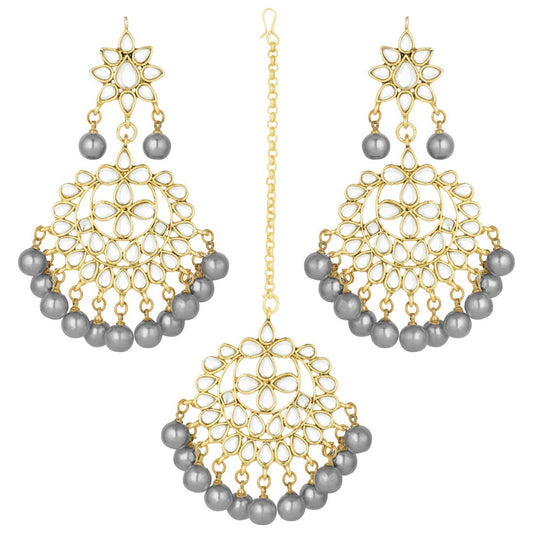 Women's Traditional Gold Plated Chandbali Kundan & Pearl Earring Set with Maang Tikka