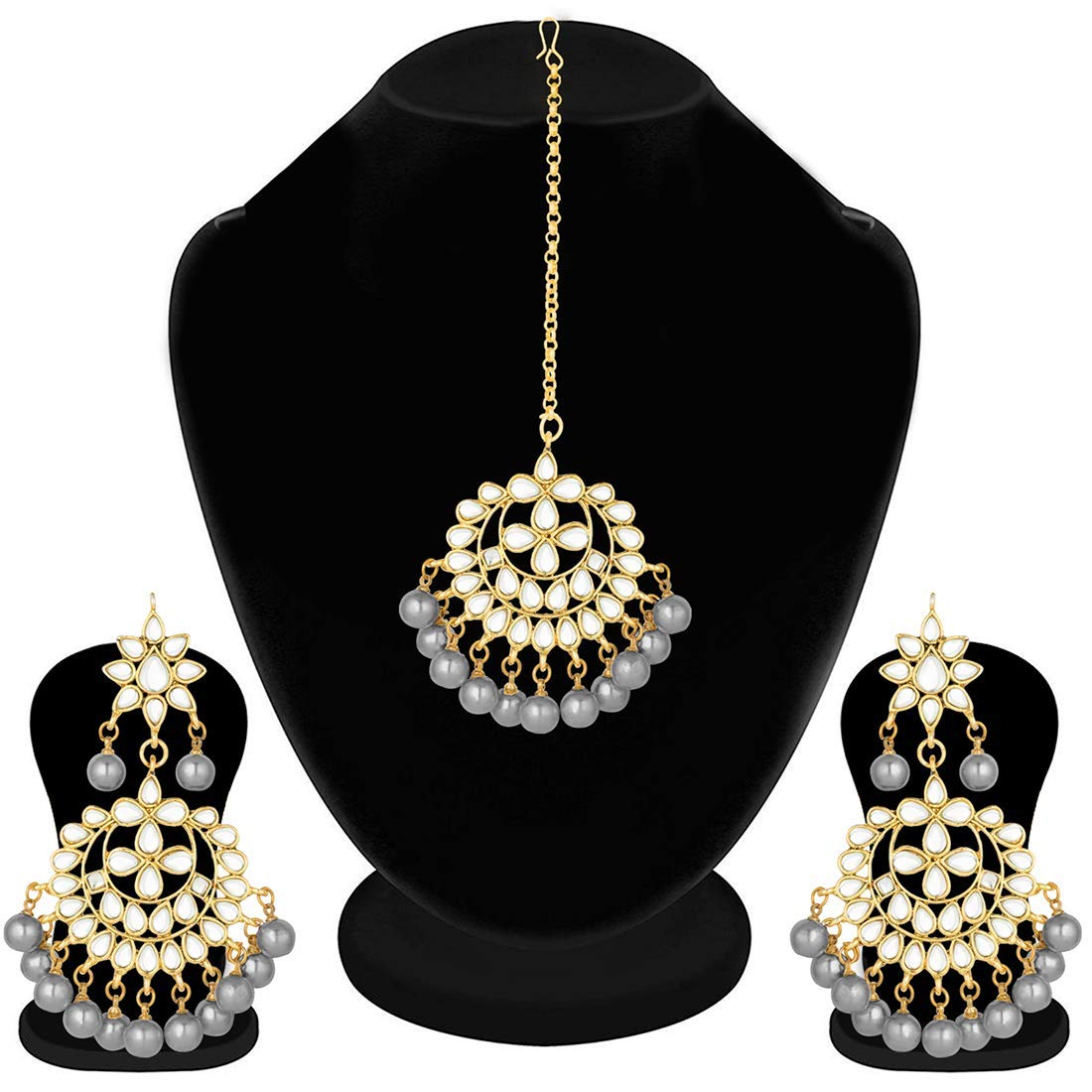 Women's Traditional Gold Plated Chandbali Kundan & Pearl Earring Set with Maang Tikka