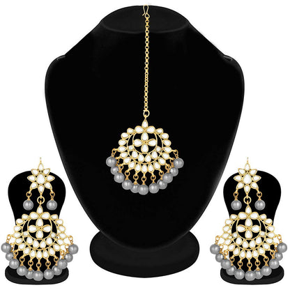 Women's Traditional Gold Plated Chandbali Kundan & Pearl Earring Set with Maang Tikka