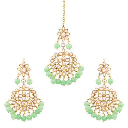 Women's Traditional Gold Plated Chandbali Kundan & Pearl Earring Set with Maang Tikka
