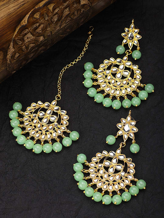 Women's Traditional Gold Plated Chandbali Kundan & Pearl Earring Set with Maang Tikka