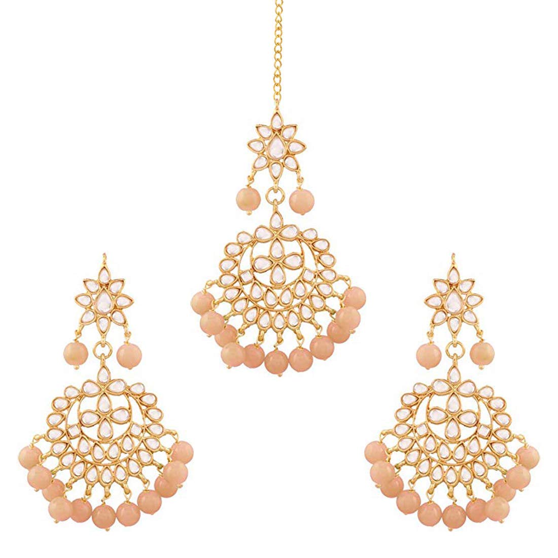 Women's Traditional Gold Plated Chandbali Kundan & Pearl Earring Set with Maang Tikka