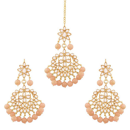 Women's Traditional Gold Plated Chandbali Kundan & Pearl Earring Set with Maang Tikka