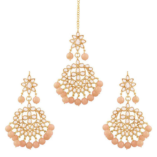 Women's Traditional Gold Plated Chandbali Kundan & Pearl Earring Set with Maang Tikka