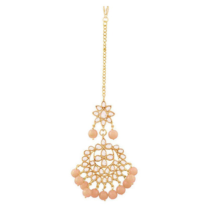Women's Traditional Gold Plated Chandbali Kundan & Pearl Earring Set with Maang Tikka