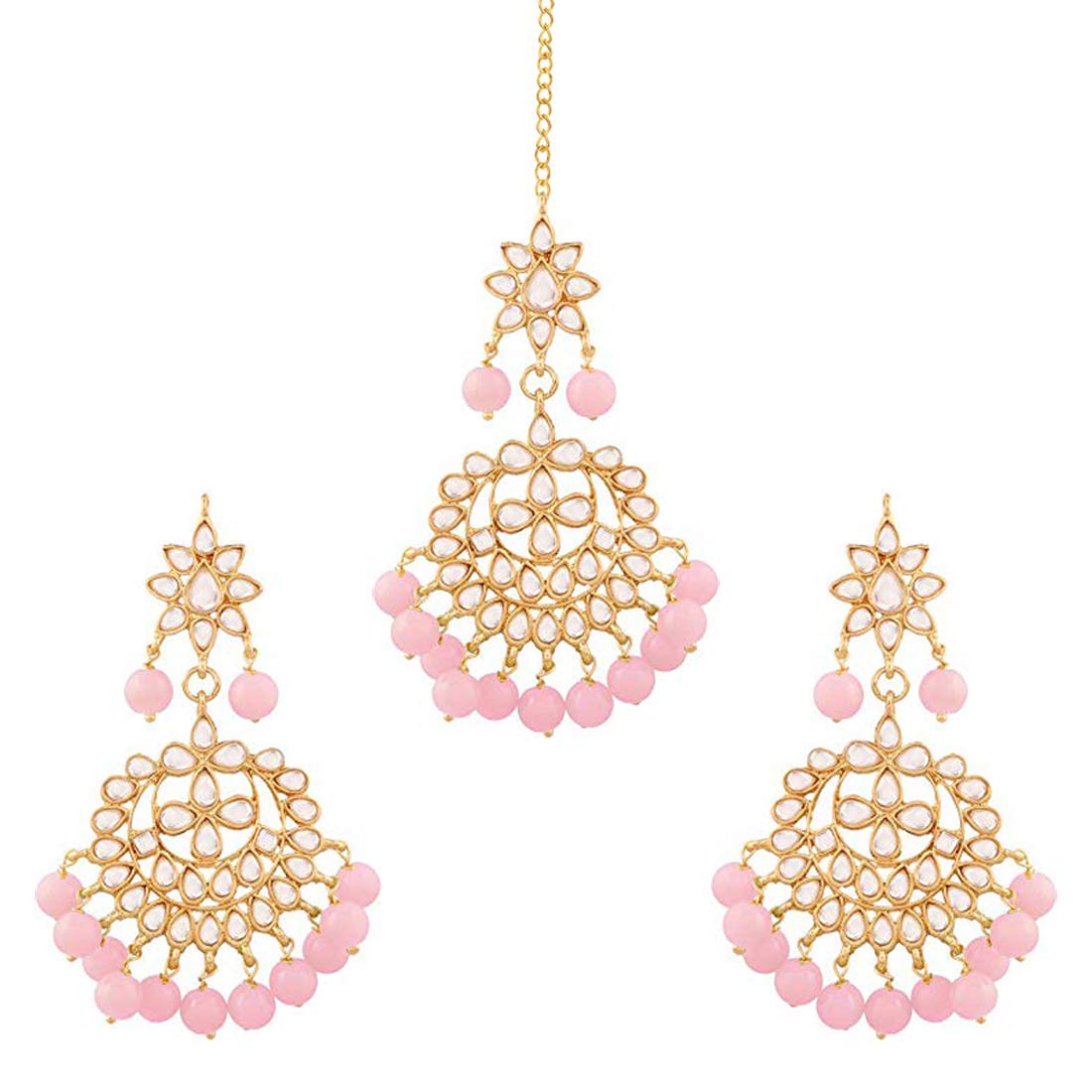 Women's Traditional Gold Plated Chandbali Kundan & Pearl Earring Set with Maang Tikka