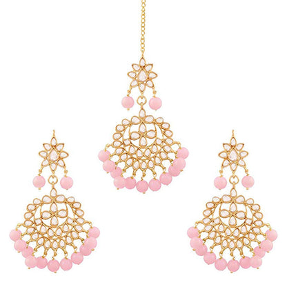 Women's Traditional Gold Plated Chandbali Kundan & Pearl Earring Set with Maang Tikka