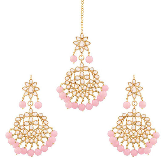 Women's Traditional Gold Plated Chandbali Kundan & Pearl Earring Set with Maang Tikka