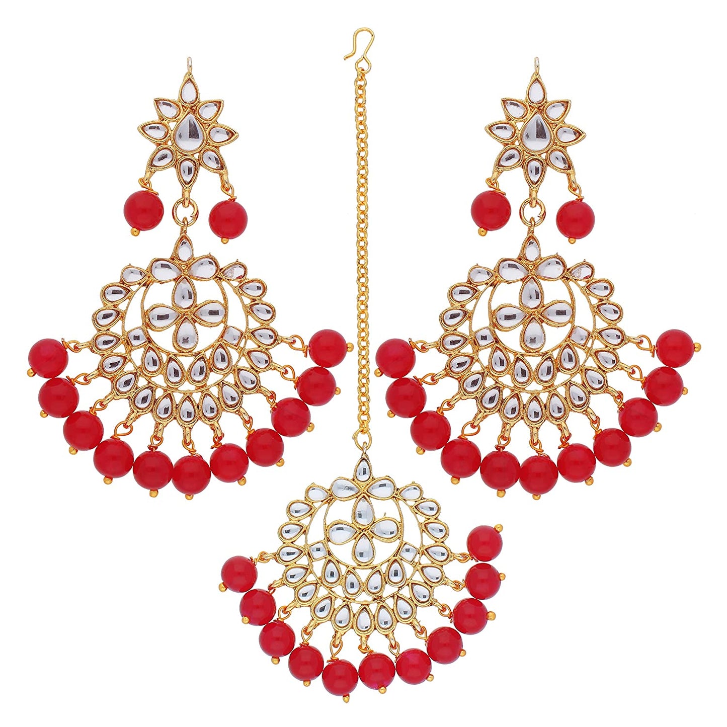 Women's Traditional Gold Plated Chandbali Kundan & Pearl Earring Set with Maang Tikka