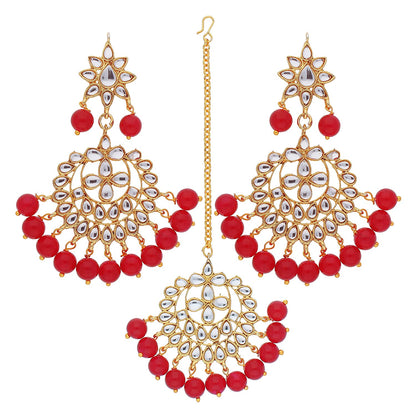 Women's Traditional Gold Plated Chandbali Kundan & Pearl Earring Set with Maang Tikka