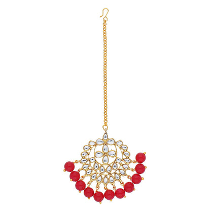 Women's Traditional Gold Plated Chandbali Kundan & Pearl Earring Set with Maang Tikka