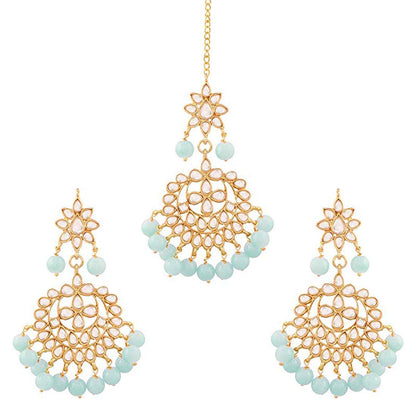 Women's Traditional Gold Plated Chandbali Kundan & Pearl Earring Set with Maang Tikka