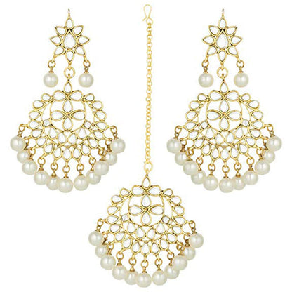 Women's Traditional Gold Plated Chandbali Kundan & Pearl Earring Set with Maang Tikka