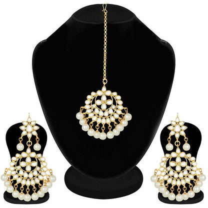 Women's Traditional Gold Plated Chandbali Kundan & Pearl Earring Set with Maang Tikka