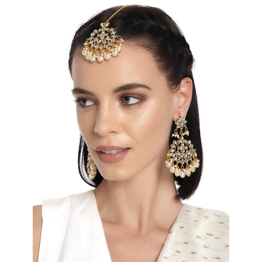 Women's Traditional Gold Plated Chandbali Kundan & Pearl Earring Set with Maang Tikka