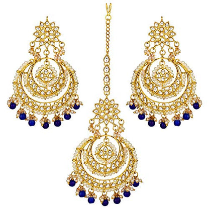 Women's Traditional Gold Plated Chandbali Kundan & Pearl Earring Set with Maang Tikka