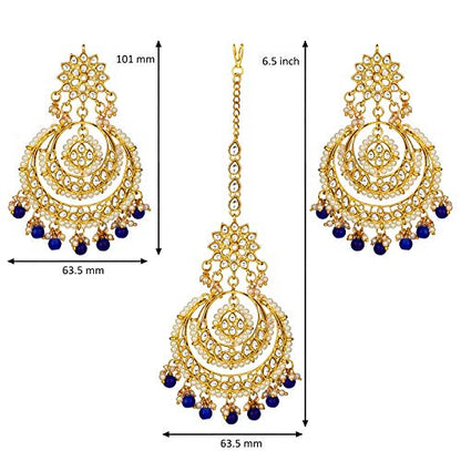 Women's Traditional Gold Plated Chandbali Kundan & Pearl Earring Set with Maang Tikka