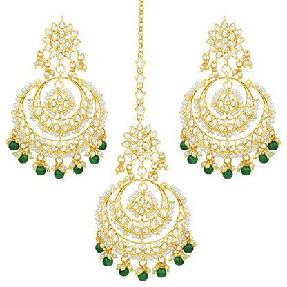 Women's Traditional Gold Plated Chandbali Kundan & Pearl Earring Set with Maang Tikka