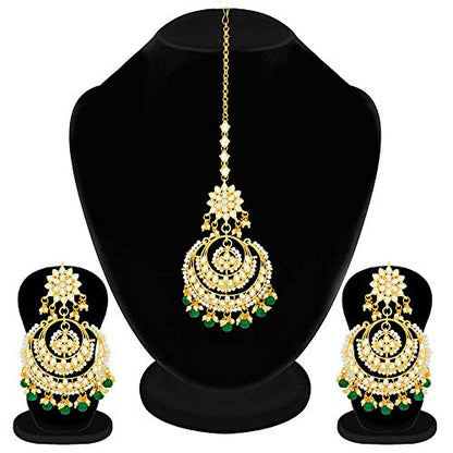 Women's Traditional Gold Plated Chandbali Kundan & Pearl Earring Set with Maang Tikka