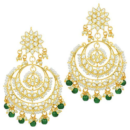 Women's Traditional Gold Plated Chandbali Kundan & Pearl Earring Set with Maang Tikka