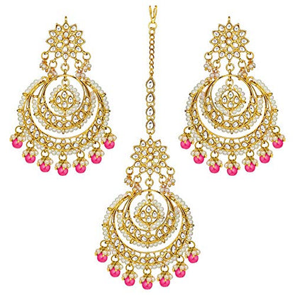 Women's Traditional Gold Plated Chandbali Kundan & Pearl Earring Set with Maang Tikka