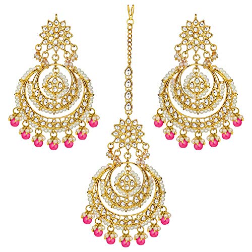 Women's Traditional Gold Plated Chandbali Kundan & Pearl Earring Set with Maang Tikka
