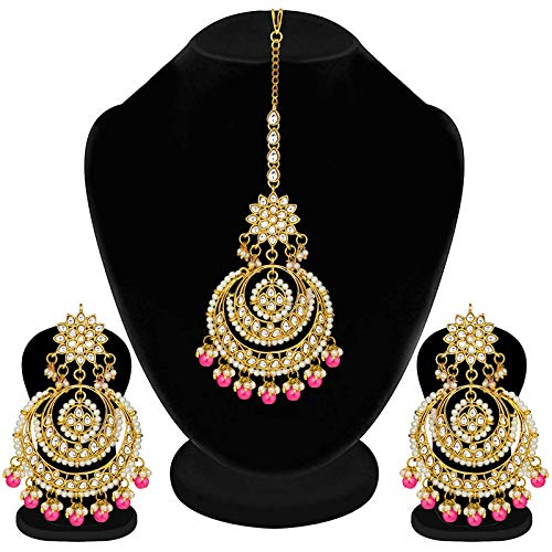 Women's Traditional Gold Plated Chandbali Kundan & Pearl Earring Set with Maang Tikka