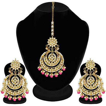 Women's Traditional Gold Plated Chandbali Kundan & Pearl Earring Set with Maang Tikka