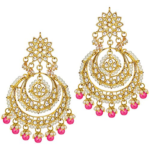Women's Traditional Gold Plated Chandbali Kundan & Pearl Earring Set with Maang Tikka