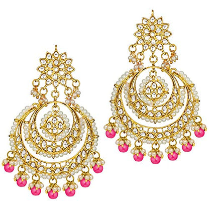 Women's Traditional Gold Plated Chandbali Kundan & Pearl Earring Set with Maang Tikka