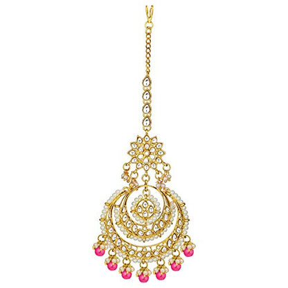Women's Traditional Gold Plated Chandbali Kundan & Pearl Earring Set with Maang Tikka