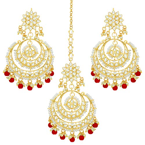 Women's Traditional Gold Plated Chandbali Kundan & Pearl Earring Set with Maang Tikka