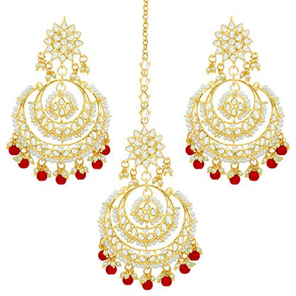 Women's Traditional Gold Plated Chandbali Kundan & Pearl Earring Set with Maang Tikka