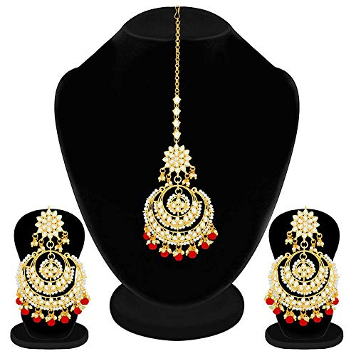 Women's Traditional Gold Plated Chandbali Kundan & Pearl Earring Set with Maang Tikka