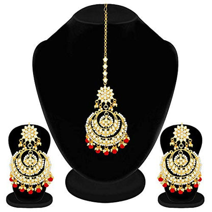Women's Traditional Gold Plated Chandbali Kundan & Pearl Earring Set with Maang Tikka