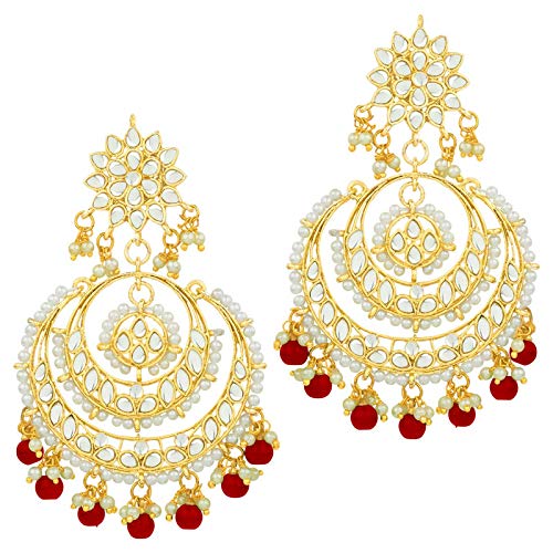 Women's Traditional Gold Plated Chandbali Kundan & Pearl Earring Set with Maang Tikka