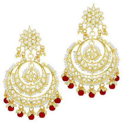Women's Traditional Gold Plated Chandbali Kundan & Pearl Earring Set with Maang Tikka