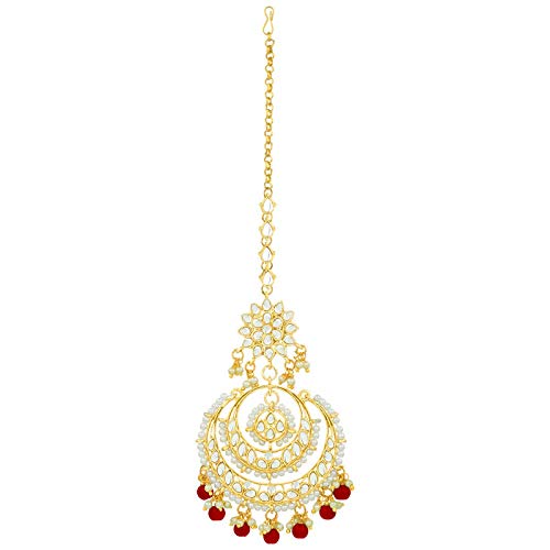 Women's Traditional Gold Plated Chandbali Kundan & Pearl Earring Set with Maang Tikka