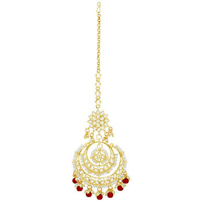 Women's Traditional Gold Plated Chandbali Kundan & Pearl Earring Set with Maang Tikka