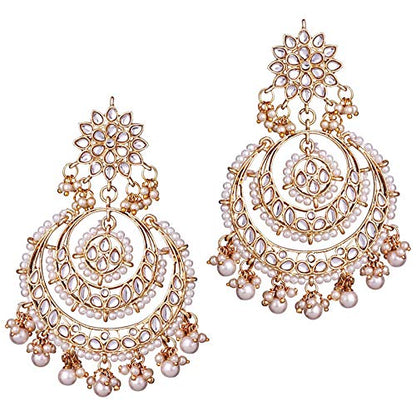 Women's Traditional Gold Plated Chandbali Kundan & Pearl Earring Set with Maang Tikka