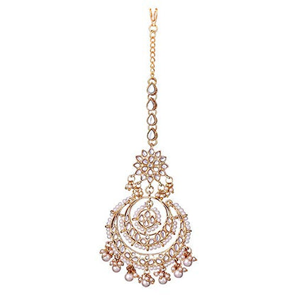 Women's Traditional Gold Plated Chandbali Kundan & Pearl Earring Set with Maang Tikka
