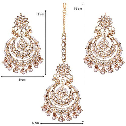 Women's Traditional Gold Plated Chandbali Kundan & Pearl Earring Set with Maang Tikka