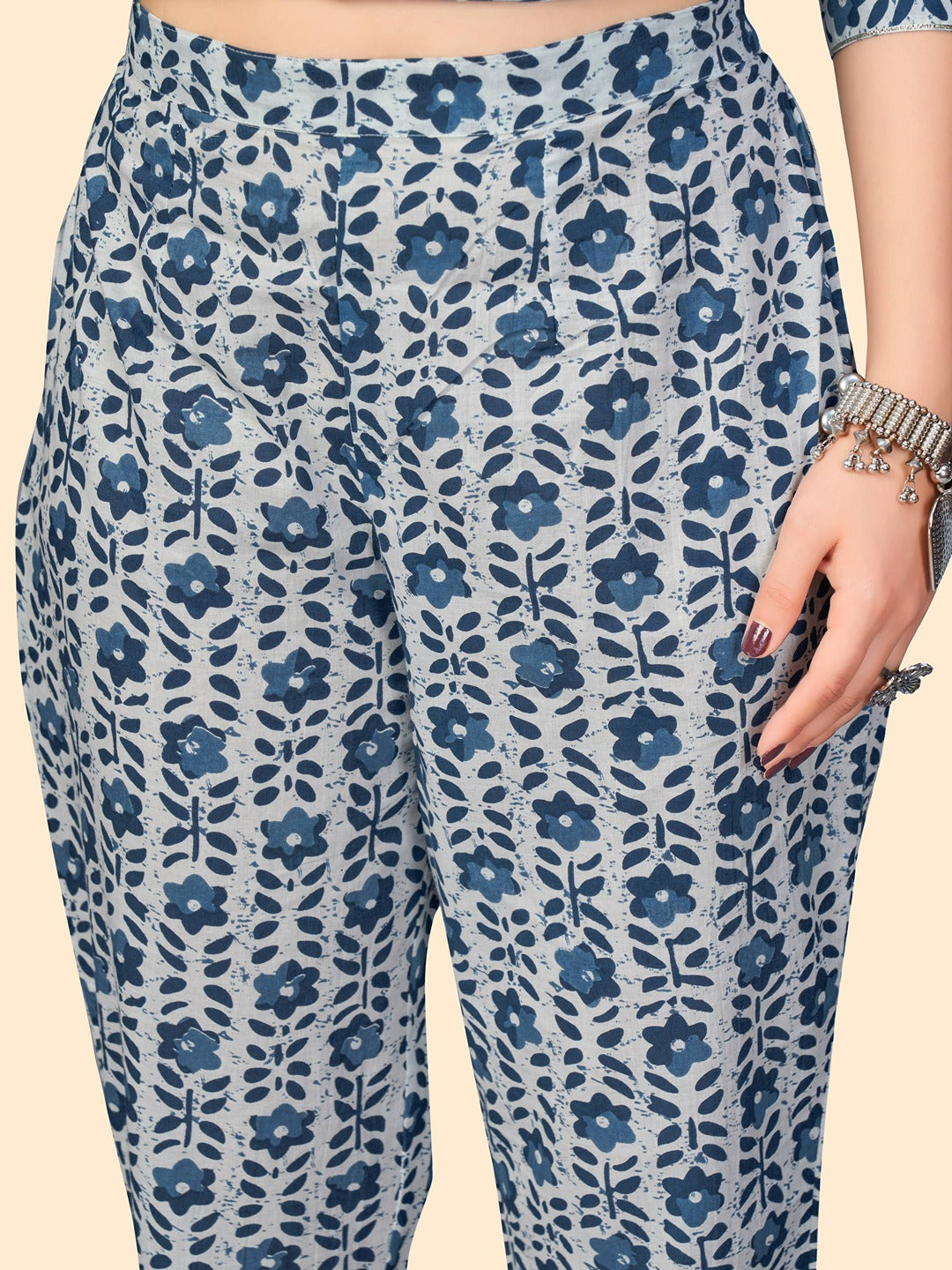 Women's Print & Embroidered Straight Cotton Blue Stitched Kurta Pant With Dupatta