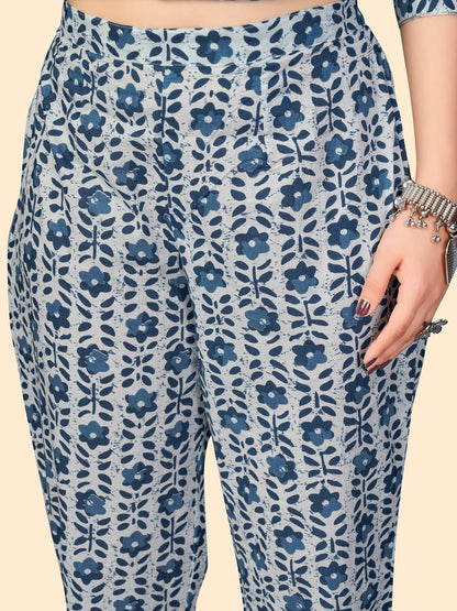 Women's Print & Embroidered Straight Cotton Blue Stitched Kurta Pant With Dupatta