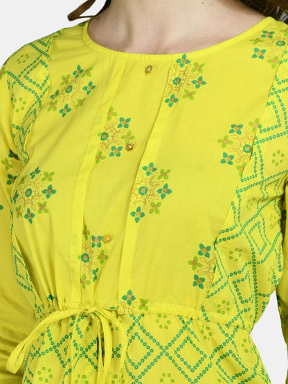 Women's Yellow Cotton Printed 3/4 Sleeve Round Neck Casual Kurta Pant Set