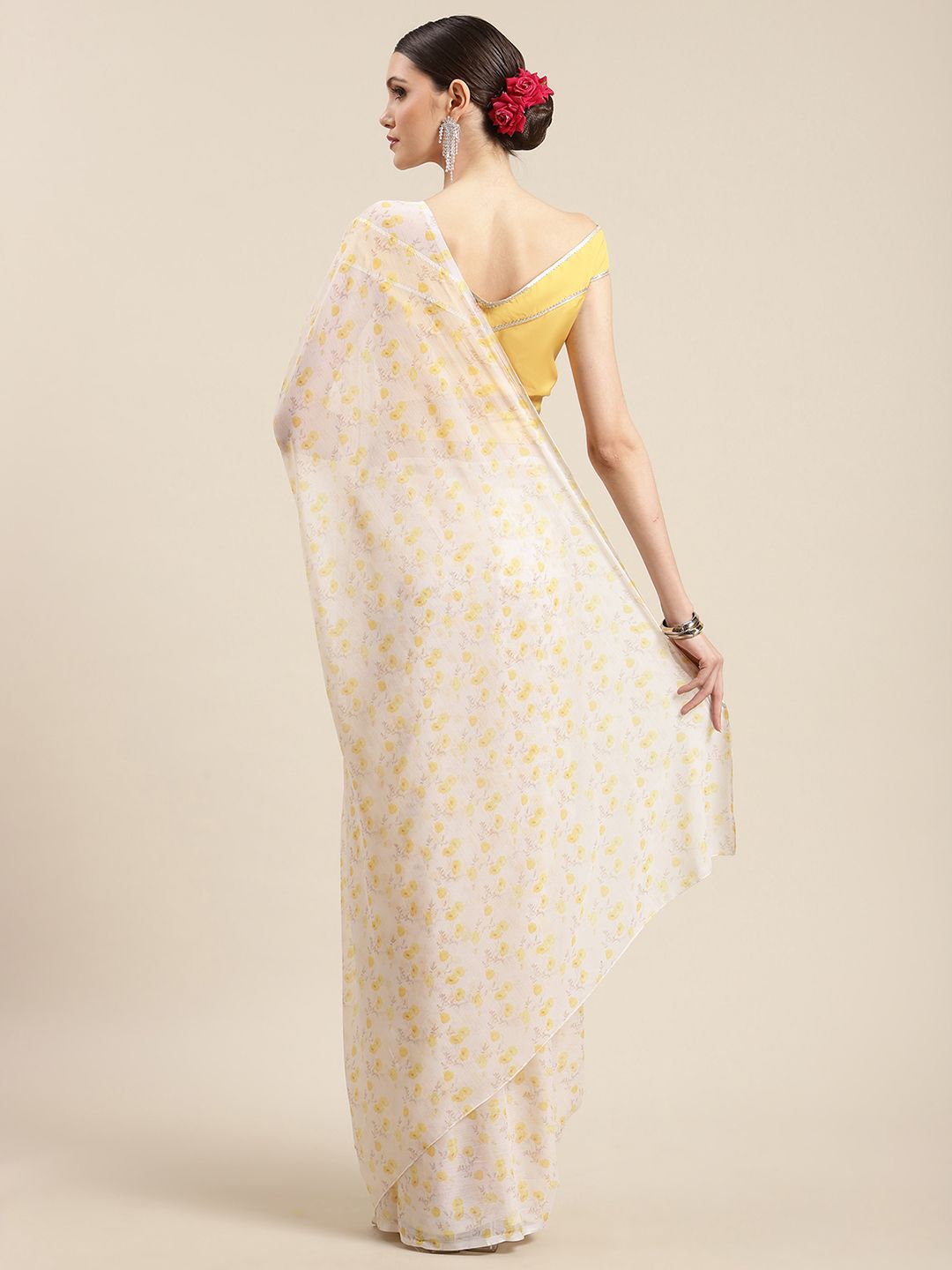 Women's Yellow Chiffon Digital Print Floral Saree
